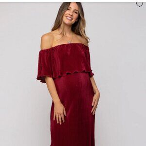 Pinkblush Burgundy Pleated Ruffle Off Shoulder Maternity Maxi Dress